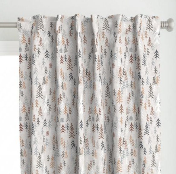One (1) Curtain Panel Solitude Ochre 54" wide - Blackout lining optional - Wildlife, cabin, nature, outdoor, mountain, earth, hills, trees