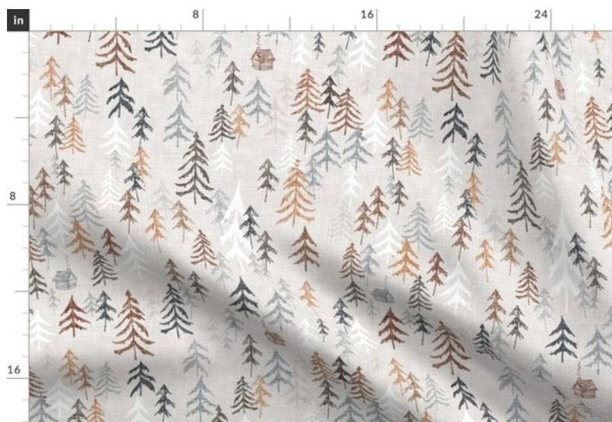 One (1) Curtain Panel Solitude Ochre 54" wide - Blackout lining optional - Wildlife, cabin, nature, outdoor, mountain, earth, hills, trees
