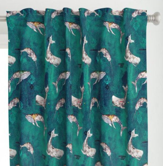One (1) Curtain Panel or Valance - Organic Cotton "Whale Tribe Teal" - 54" Wide. Sateen Cotton Fabric with Tribal Painted Whales, Narwhals.