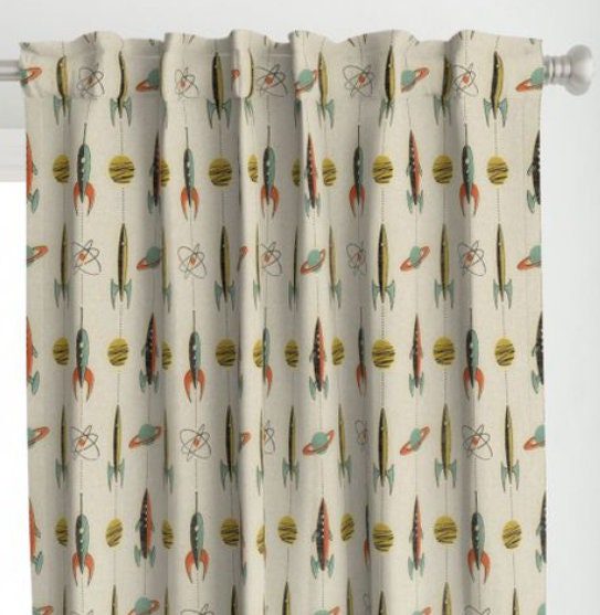 Retro rockets One Curtain Panel. 54" wide -Optional Blackout Lined Drapery - Kids Room, Space Voyage, Planets, Twilight, Orbits, Sun