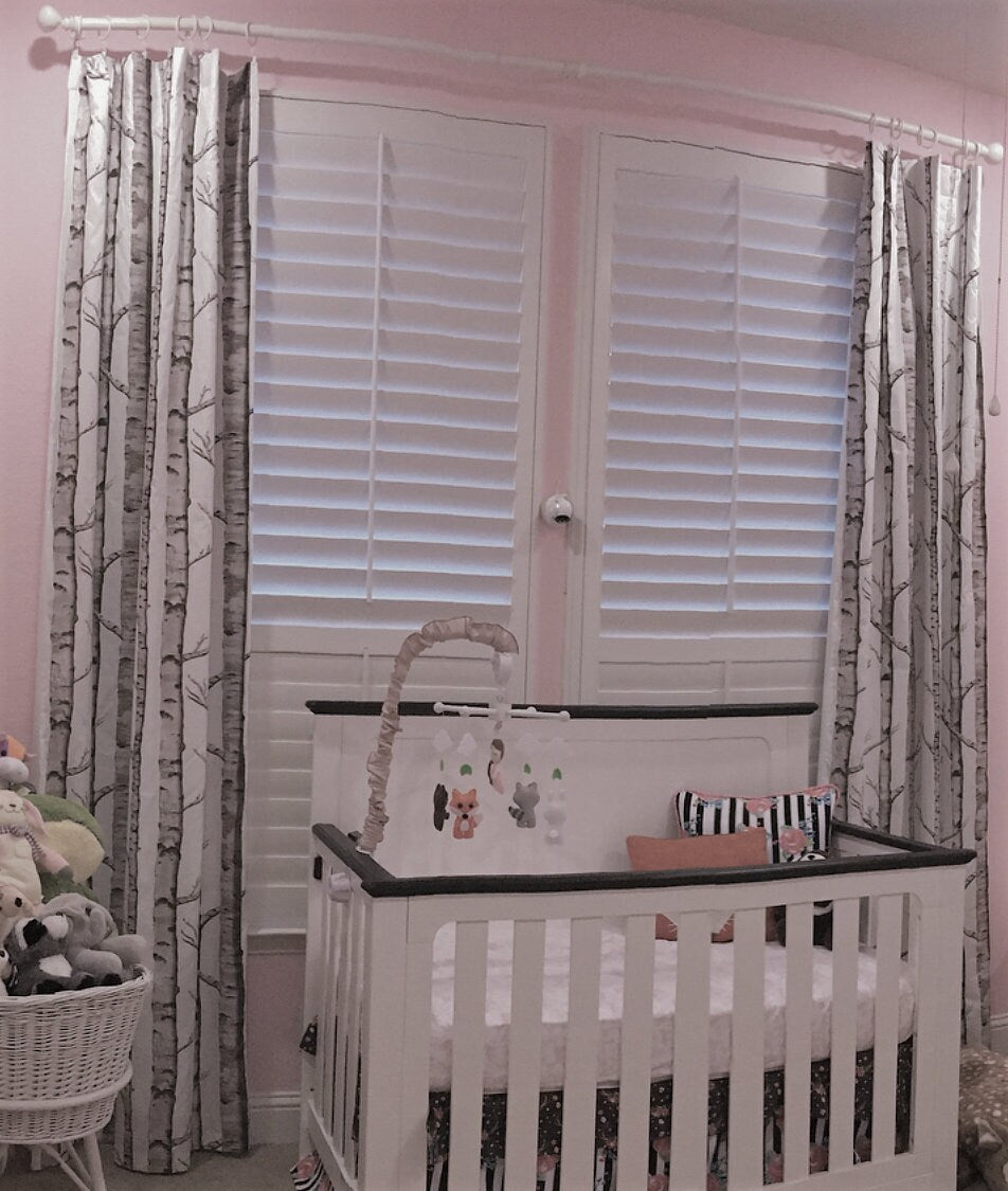 One (1) Curtain Panel - White Birch Tree Drapery - 54" Wide - Blackout lining available - Lined white birch tree curtain panel rustic woods