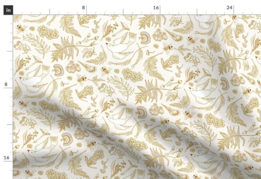 One (1) Curtain Panel - "Piccolo" Off-White and Gold Drapery - 54" Wide - Blackout lining available - Featuring Nature, Bees, Birds, Plants