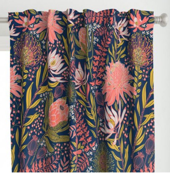 One (1) Drapery Curtain Panel "Protea Garden" - Blackout or Cotton lining available - Coral and Mustard Flowers on Blue. Bold Floral Curtain