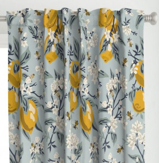 One (1) Curtain Panel - Bees and Lemons Blue Drapery - Blackout lining available - Yellow, Blooms, Flowers, Insects, Bee, White Floral