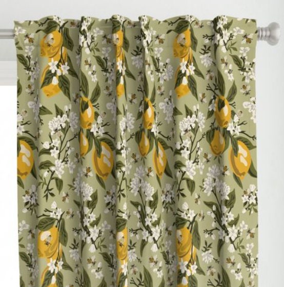 One (1) Curtain Panel - Bees and Lemons Green Drapery - Blackout lining available - Yellow, Blooms, Flowers, Insects, Bee, White Floral