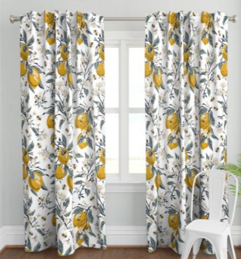 One (1) Curtain Panel - Bees and Lemons White Drapery - Blackout lining available - Yellow, Blooms, Flowers, Insects, Bee, White Floral