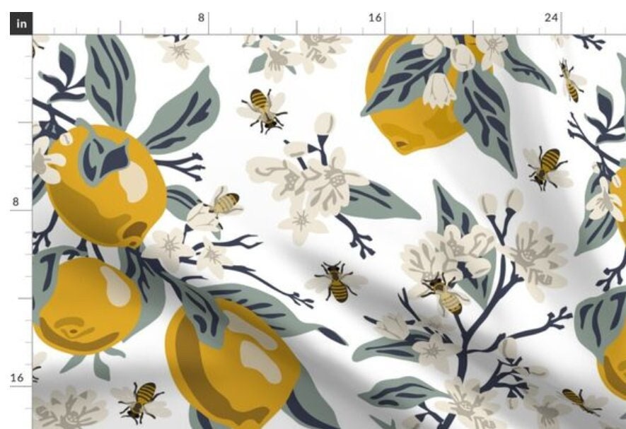 One (1) Curtain Panel - Bees and Lemons White Drapery - Blackout lining available - Yellow, Blooms, Flowers, Insects, Bee, White Floral