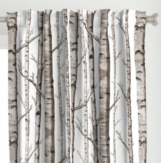 One (1) Curtain Panel - White Birch Tree Drapery - 54" Wide - Blackout lining available - Lined white birch tree curtain panel rustic woods