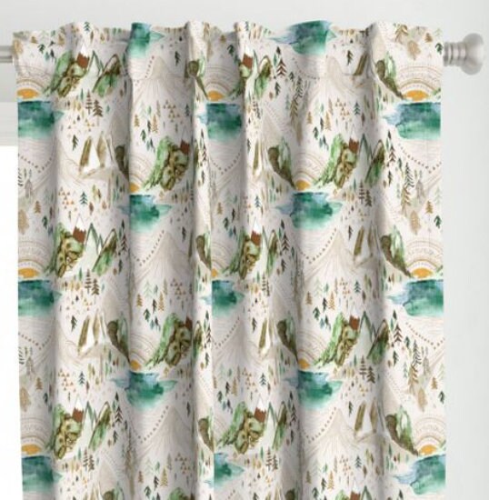 One (1) Curtain Panel Valley of the Sun Olive - Blackout lining available - Boho Pine Trees, Nature, Forest, Watercolor, Lake, River