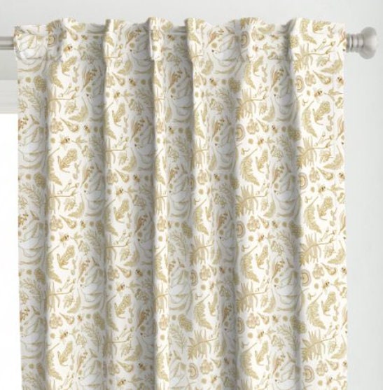 One (1) Curtain Panel - "Piccolo" Off-White and Gold Drapery - 54" Wide - Blackout lining available - Featuring Nature, Bees, Birds, Plants