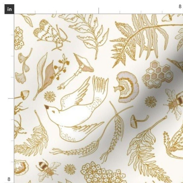 One (1) Curtain Panel - "Piccolo" Off-White and Gold Drapery - 54" Wide - Blackout lining available - Featuring Nature, Bees, Birds, Plants