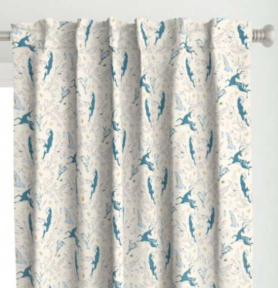 One (1) Curtain Panel or Valance - "Le Parc Pounce Cream" Drapery - 54" Wide - Blackout lining available - Featuring Nature, Fox, Birds