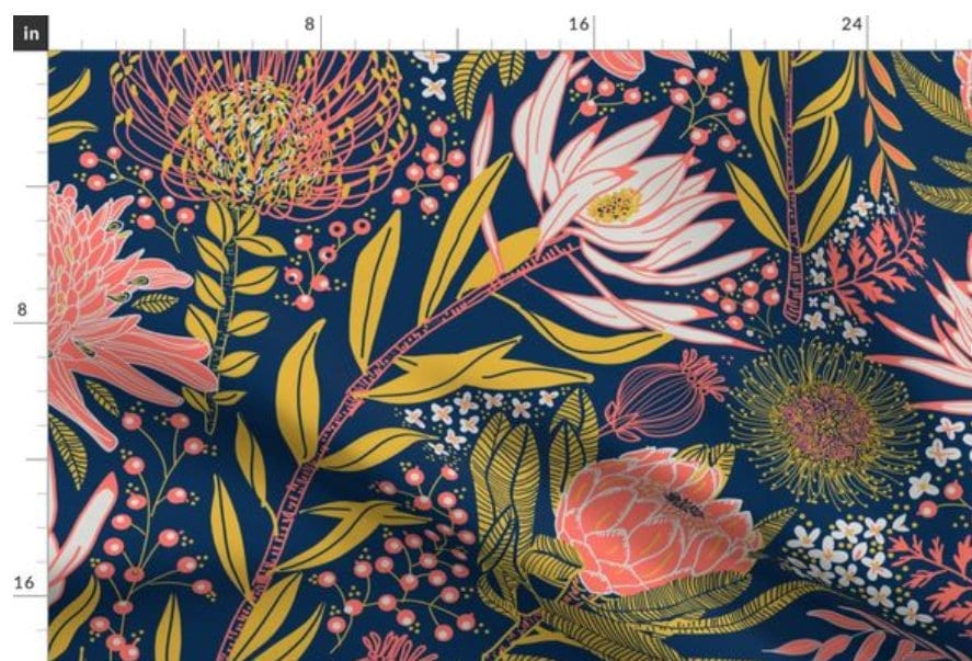 One (1) Drapery Curtain Panel "Protea Garden" - Blackout or Cotton lining available - Coral and Mustard Flowers on Blue. Bold Floral Curtain