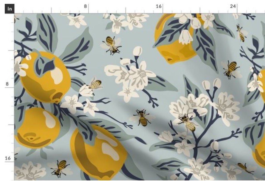 One (1) Curtain Panel - Bees and Lemons Blue Drapery - Blackout lining available - Yellow, Blooms, Flowers, Insects, Bee, White Floral