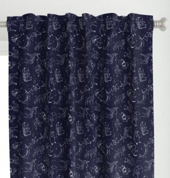 One (1) Curtain Panel - "constellations origami geometric animal" Optional Blackout Lined Drapery - Constellation, Stars. Penguin, Fox, Bear