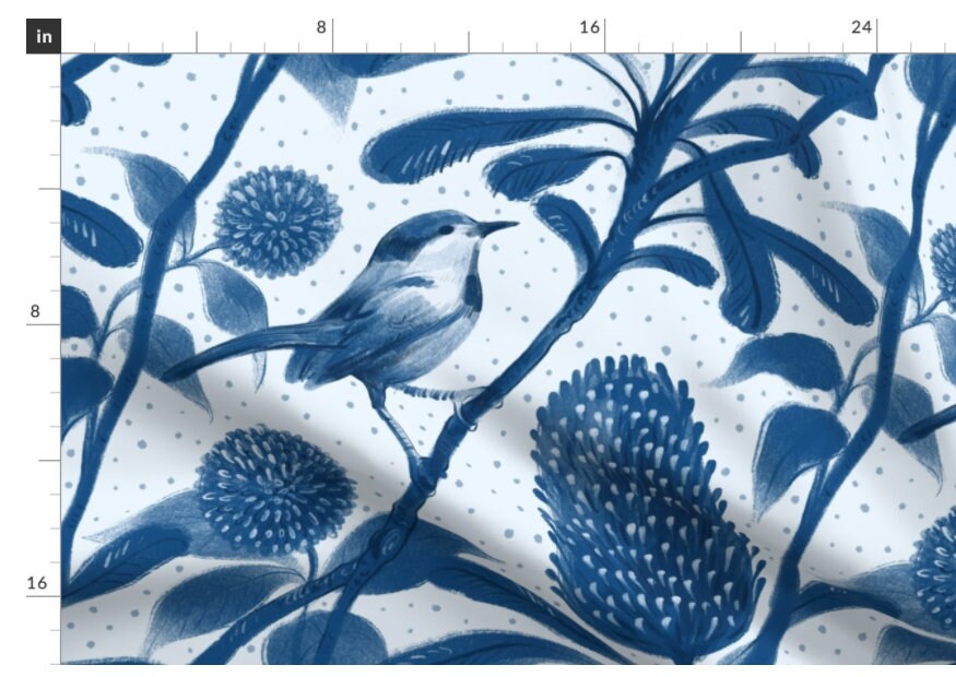 One (1) Curtain Panel Organic Cotton "Little Blue Bird" - 54" Wide. Sateen Cotton Fabric, Birds, Leaves, Floral, Monochromatic, Flowers