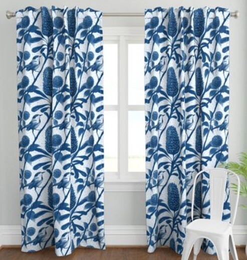 One (1) Curtain Panel Organic Cotton "Little Blue Bird" - 54" Wide. Sateen Cotton Fabric, Birds, Leaves, Floral, Monochromatic, Flowers