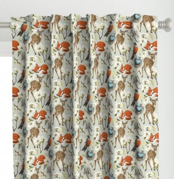 One (1) Curtain Panel Organic Cotton "Woodland Spring" - 54" Wide. Sateen Cotton Fabric Robin, Deer, Rabbit, Fox, Bud, Blue Eggs, Flowers