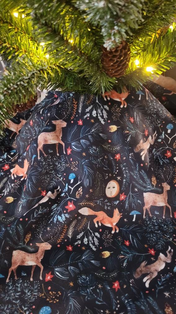 One Velvet Holiday Tree Skirt "Silent Night Midnight" Custom Handmade to Order Christmas Home Decor. Festive Floral and Animal Fabric