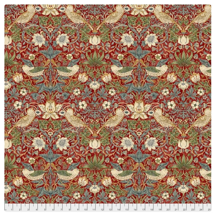 One Curtain Panel "Strawberry Thief Red" Fabric, FreeSpirit Fabrics, The Original Morris & Co. Bold, Elegant