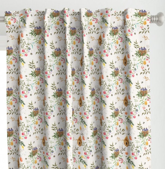 One (1) Curtain Panel - "The Orchard Cream" Drapery - Blackout lining available - Birds, nest, egg, twigs, bees, branches, flowers, fruit