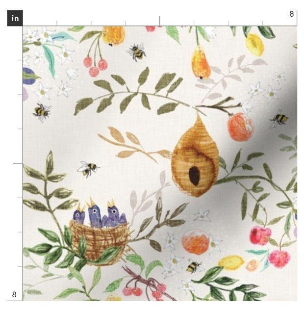 One (1) Curtain Panel - "The Orchard Cream" Drapery - Blackout lining available - Birds, nest, egg, twigs, bees, branches, flowers, fruit