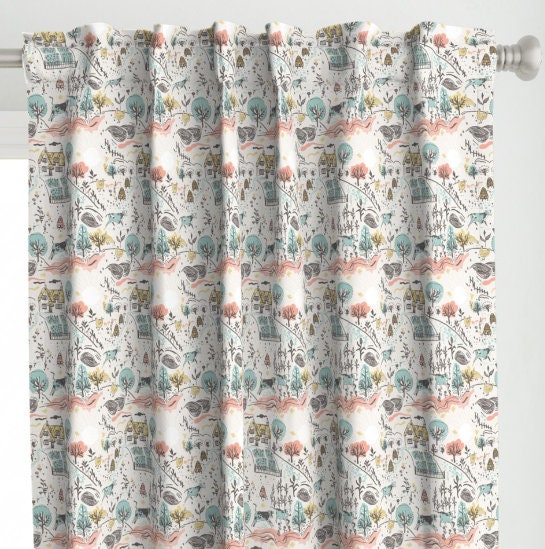 One (1) Curtain Panel - "Farm Life Blue" Drapery - Blackout lining available - Cows, Chickens, Trees, Bees, House