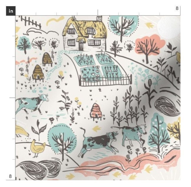 One (1) Curtain Panel - "Farm Life Blue" Drapery - Blackout lining available - Cows, Chickens, Trees, Bees, House