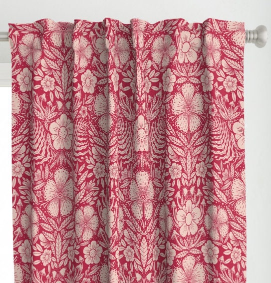 One (1) Curtain Panel - "Damask Flower Viva Magenta" Drapery - Blackout lining available - Large Floral Print
