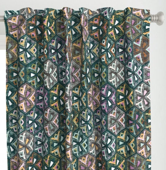 One (1) Curtain Panel - "Arabesque Teal" Drapery - Blackout lining available - Fun Geometric, Natural Tile look.