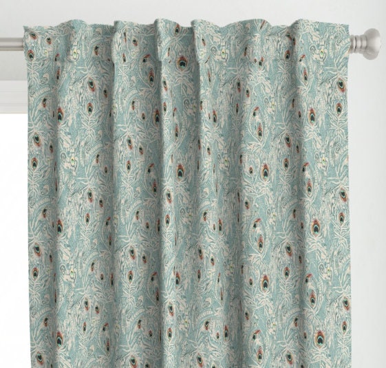 One (1) Curtain Panel Cotton "Peacock Dreaming Ikat Blue" - 54" Wide. Sateen Cotton Fabric Drapery Curtain Panel. Lining Available