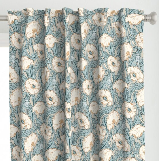 One (1) Curtain Panel - "Vintage Poppy in cream, aqua, blue, beige, rust" - 50" Wide Blackout lining available. Linen Cotton Canvas Curtains