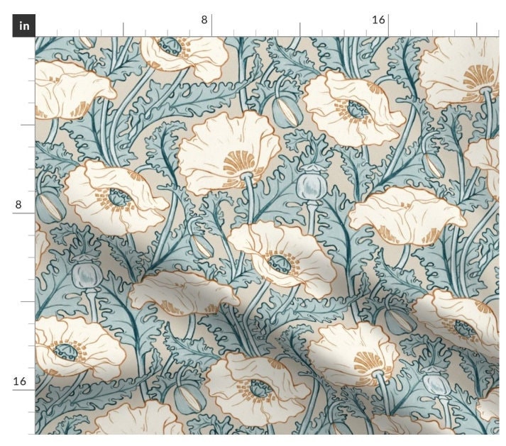 One (1) Curtain Panel - "Vintage Poppy in cream, aqua, blue, beige, rust" - 50" Wide Blackout lining available. Linen Cotton Canvas Curtains