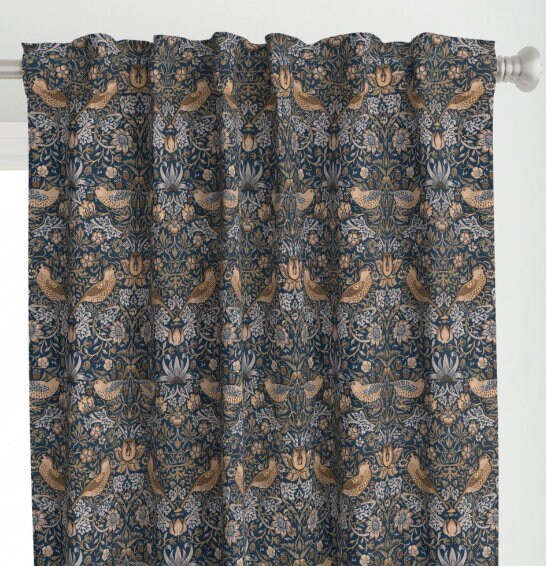 One (1) Curtain Panel - "Strawberry Thief William Morris Vintage Beige Blue" - 50" Wide Blackout lining available. Linen Cotton Canvas