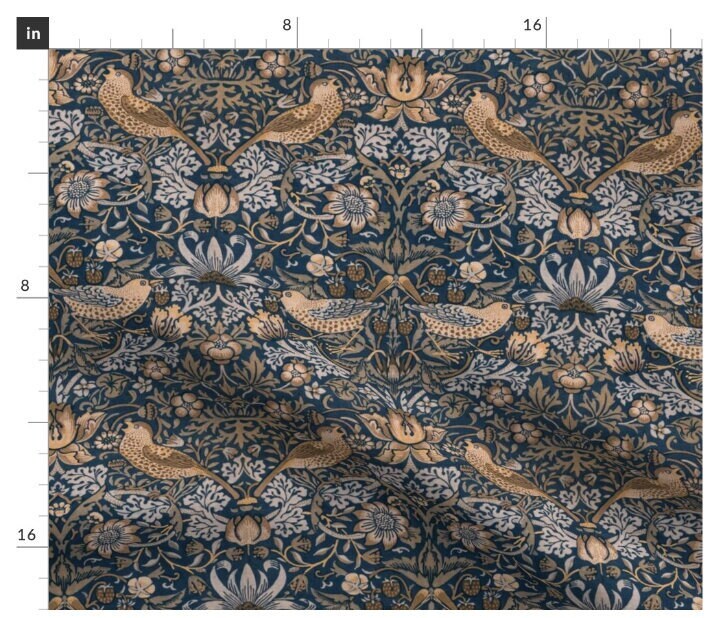 One (1) Curtain Panel - "Strawberry Thief William Morris Vintage Beige Blue" - 50" Wide Blackout lining available. Linen Cotton Canvas