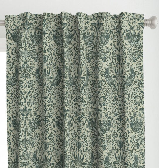 One (1) Curtain Panel Or Valance - "Strawberry Thief Forest Fern" - 50" Wide Handmade to Order Linen Cotton Canvas Curtains. Green