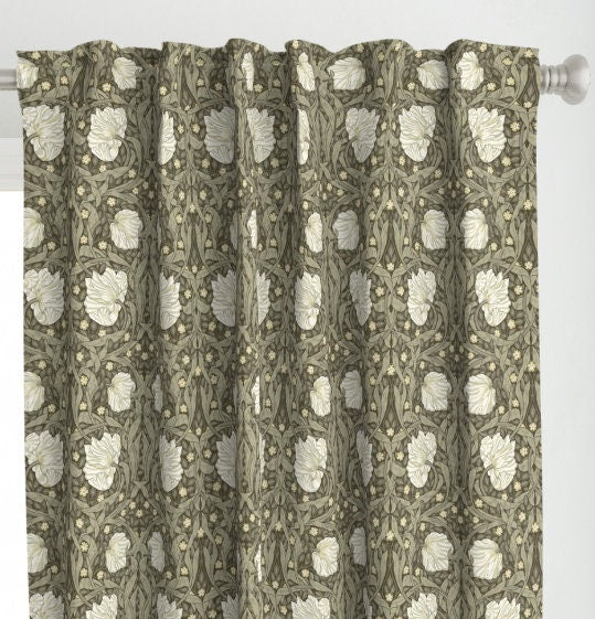 One (1) Curtain Panel - "William Morris Pimpernel Sage Green" - 50 inch Wide, Blackout lining available. Linen Cotton Canvas Curtains