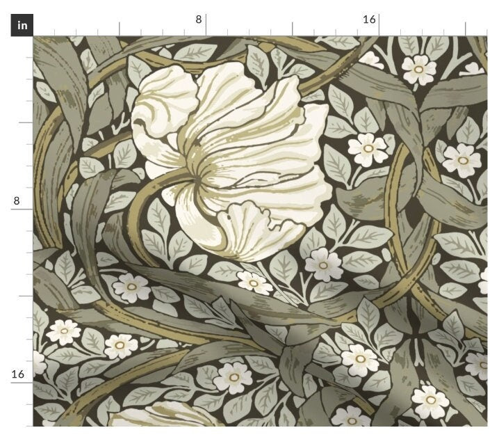 One (1) Curtain Panel - "William Morris Pimpernel - Sage and Cream on Marsh" - 50 inch Wide, Blackout lining available. Linen Cotton Canvas