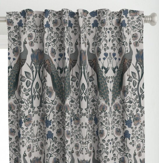 One (1) Curtain Panel - "Peacocks and Flowers on Grey" - 50 inch Wide, Blackout lining available. Linen Cotton Canvas