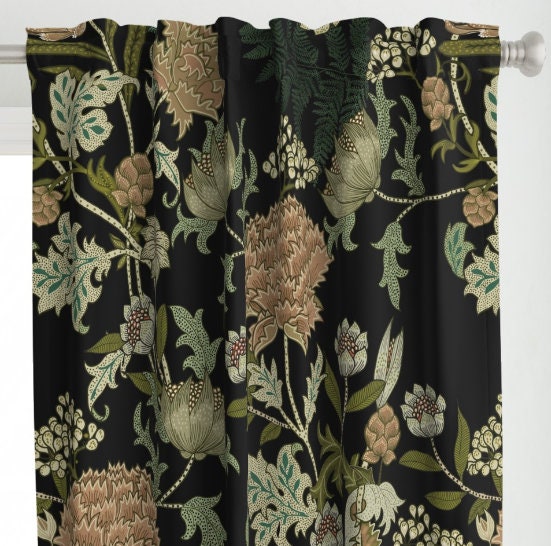 One (1) Curtain Panel - "Large Romantic Garden Black William Morris" - 50 inch Wide, Blackout lining available. Linen Cotton Canvas