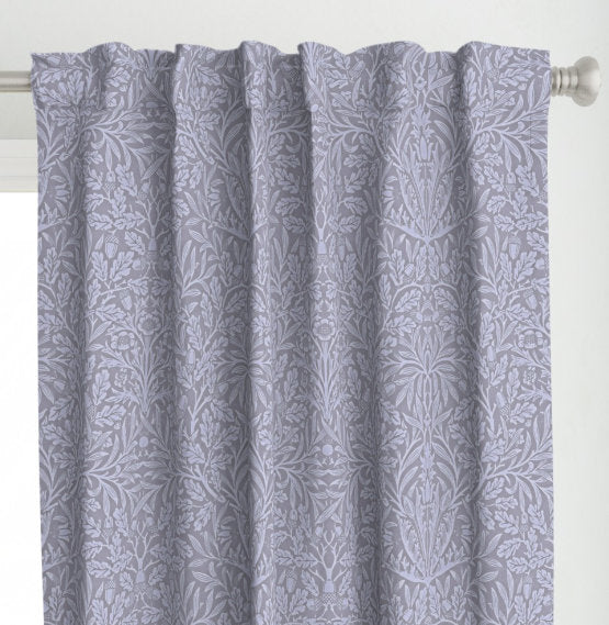 One (1) Curtain Panel - "Pure Acorn William Morris - Gray Lavender Antiqued" - 50 inch Wide, Blackout lining available. Linen Cotton Canvas