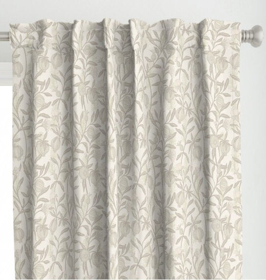 One (1) Curtain Panel - "William Morris - Pomegranate in Alabaster" - 50 inch Wide, Blackout lining available. Linen Cotton Canvas