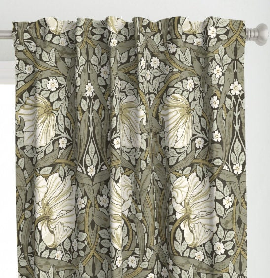 One (1) Curtain Panel - "William Morris Pimpernel - Sage and Cream on Marsh" - 50 inch Wide, Blackout lining available. Linen Cotton Canvas