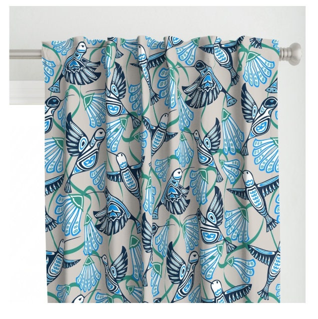 One (1) Curtain Panel- "Hummingbirds & Blooms" - 50 inch Wide, Blackout lining available. Linen Cotton Canvas. Large Print Birds and Flowers