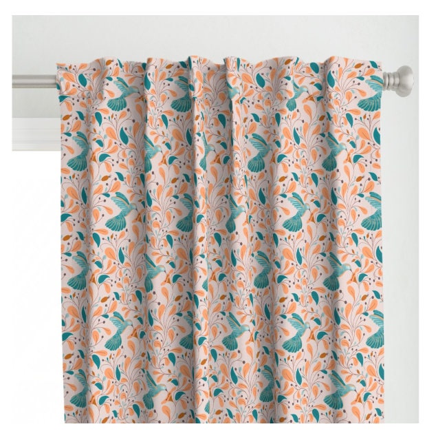 One (1) Curtain Panel- "Flying Hummingbirds" - 50 inch Wide, Blackout lining available. Linen Cotton Canvas. Large Print Birds and Flowers