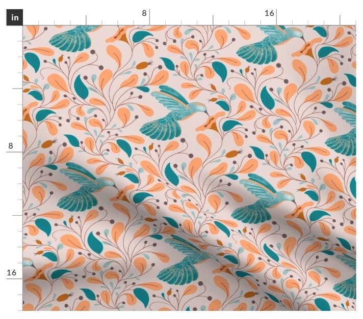 One (1) Curtain Panel- "Flying Hummingbirds" - 50 inch Wide, Blackout lining available. Linen Cotton Canvas. Large Print Birds and Flowers