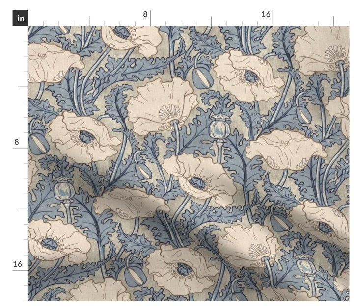 One (1) Curtain Panel - "Vintage Poppy in cream slate blue beige grey" - 50" Wide Blackout lining available. Linen Cotton Canvas Curtains