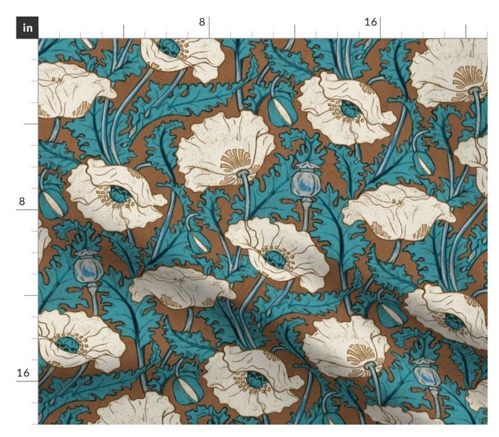 One (1) Curtain Panel - "Vintage Poppy in cream teal blue rust brown" - 50" Wide Blackout lining available. Linen Cotton Canvas Curtains