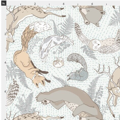 One (1) Curtain Panel Organic Cotton "Woodland Dreams Kantha antique white and grey" - Home Decor Elegant Boho Sleepy Animals, Hand Sketched