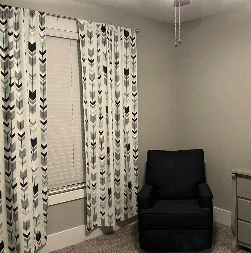 One (1) Curtain Panel or Valance "Fletching Arrows" Cotton fabric. Blackout lining optional - Nursery or Kids Room Decor, Archery, Boho